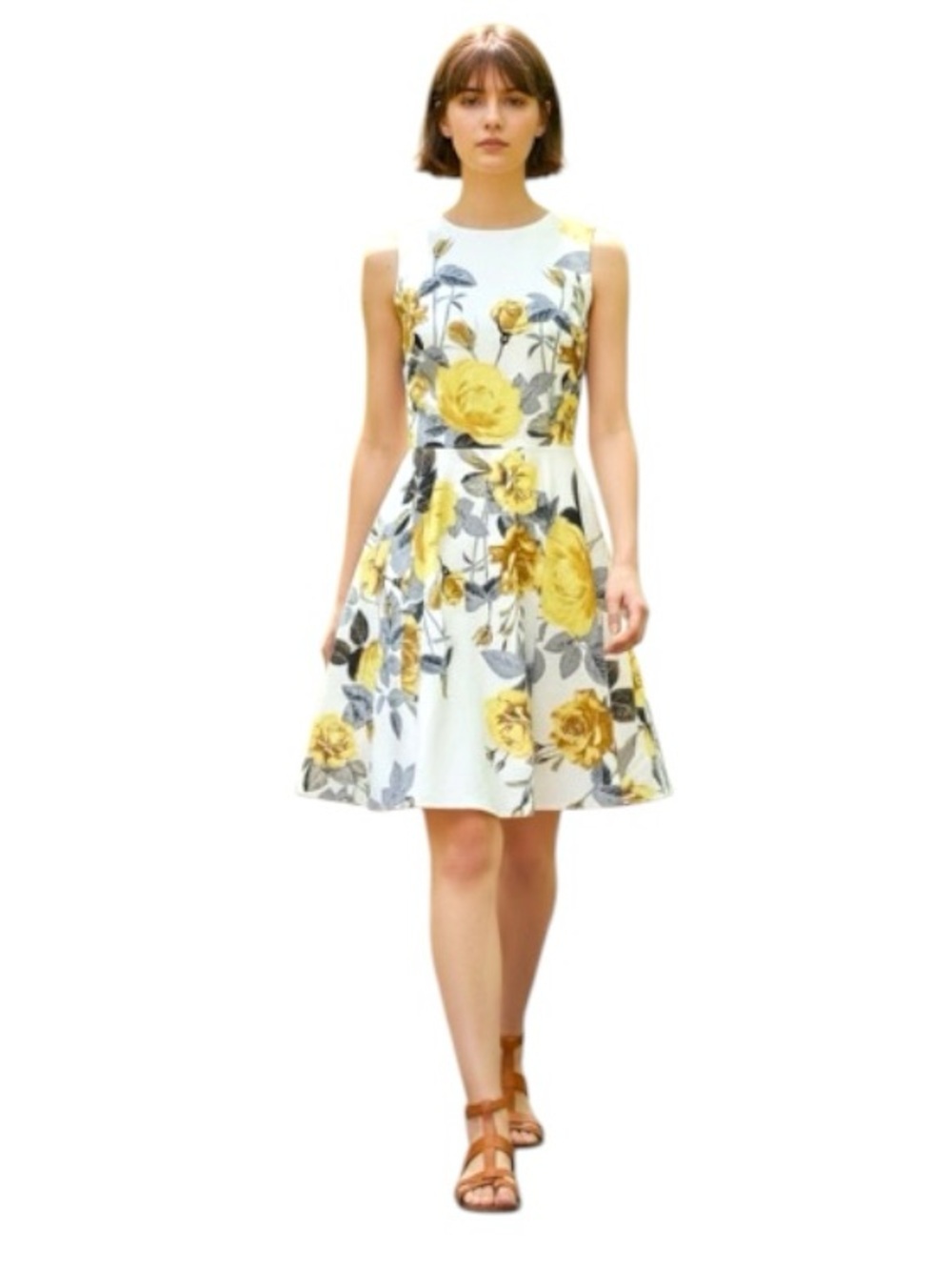 Gabby Skye Floral Swing Dress Off White Yellow Roses Retro 50's Style Gown